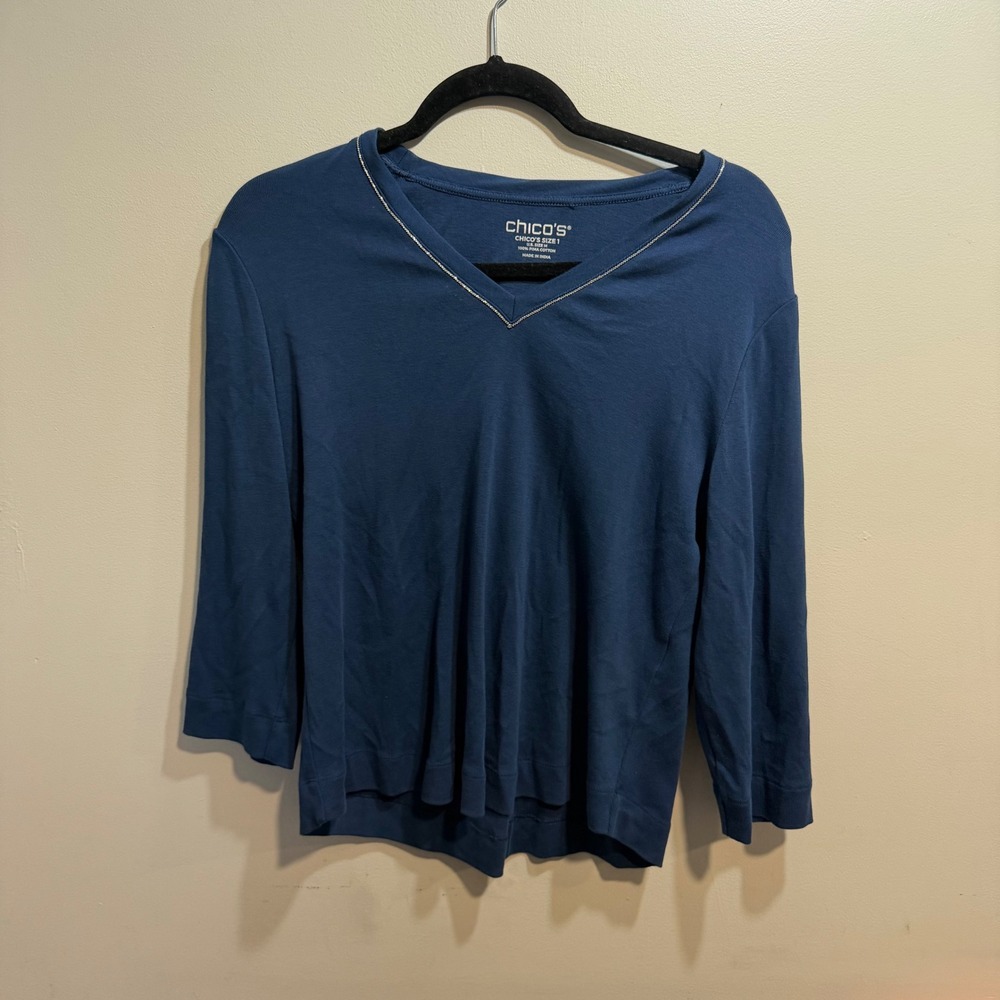 Chicos Pima Cotton V-Neck Top Blue 3/4 Sleeve Metallic Trim Size‎ 1 Medium